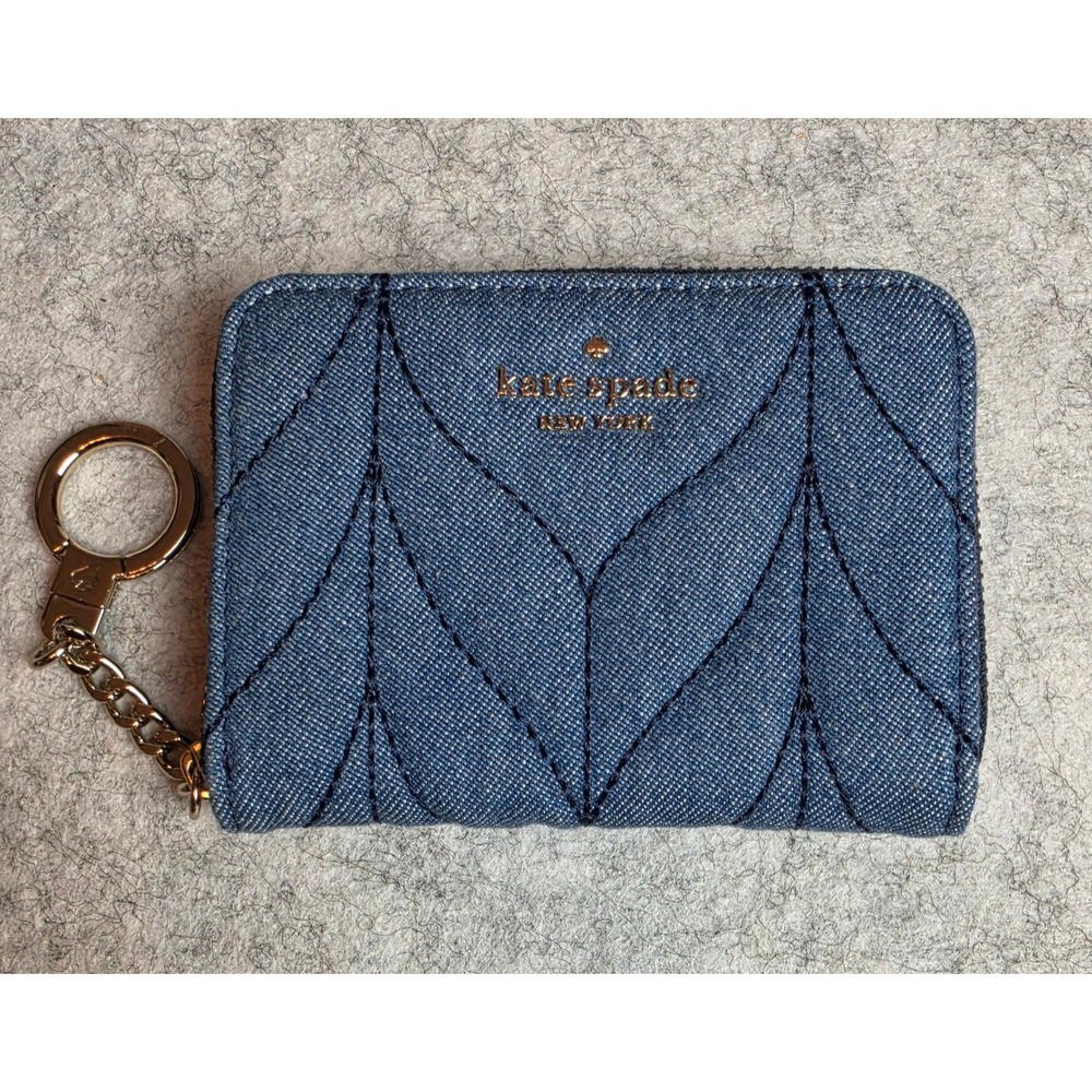 Kate Spade Quilted Denim Small Zip Around Wallet Blue Gold Logo Key Ring NWOT